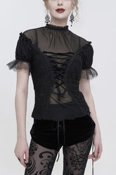 T-shirt gothique pour femme à manches courtes avec tissu extensible noir ondulé, attache centrale avant réglable